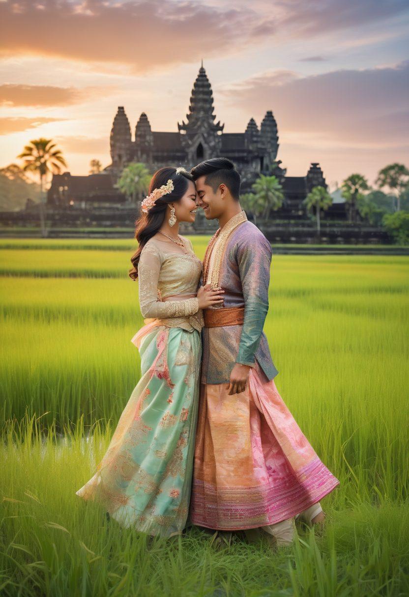 A traditional Khmer love scene showcasing a couple in traditional garments, surrounded by lush rice fields and ancient temples in the background. The couple is laughing and sharing a culturally significant gesture, such as a hand-holding or a smile. Soft pastel hues dominate the scene, evoking warmth and romance. Include decorative elements native to Khmer culture, like intricate patterns or floral motifs. watercolor painting. vibrant colors.
