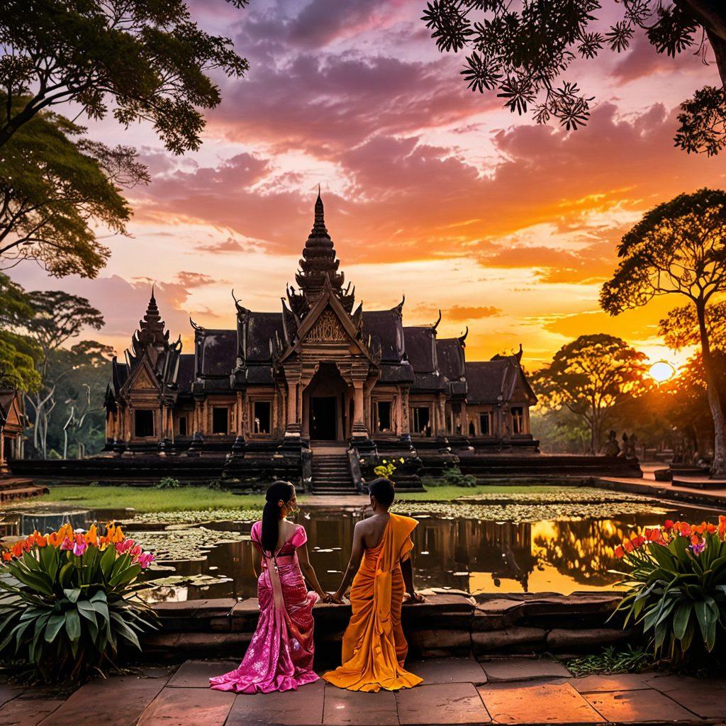 A romantic scene set in a traditional Khmer landscape, featuring a couple engaging in a heartfelt conversation under a vibrant sunset, surrounded by lush greenery and ancient temples. Incorporate elements of Cambodian culture, such as traditional clothing and local flowers, to emphasize intimacy and connection. Capture the warmth and depth of their relationship through soft lighting and gentle expressions. super-realistic. vibrant colors. peaceful background.